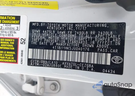 2018 Toyota Camry Xle z USA, uszkodzony, nr VIN 4T1B11HK5JU040176